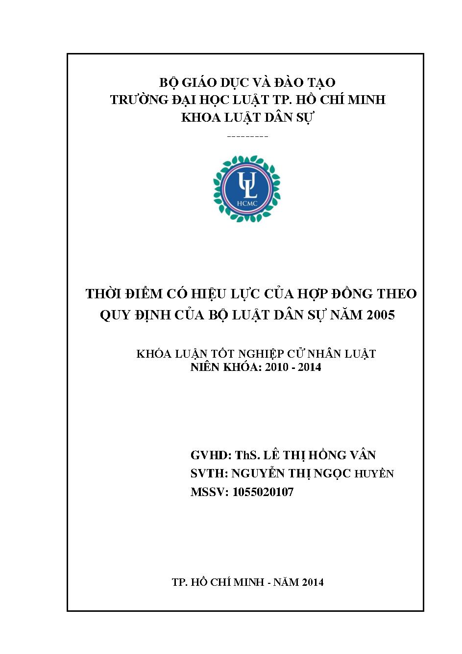 Thời điểm có hiệu lực của hợp đồng theo quy định của Bộ luật dân sự năm 2005