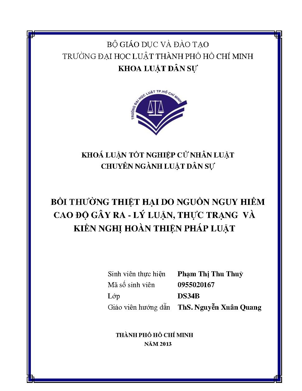 Bồi thường thiệt hại do nguồn nguy hiểm cao độ gây ra - lý luận, thực trạng và kiến nghị hoàn thiện pháp luật